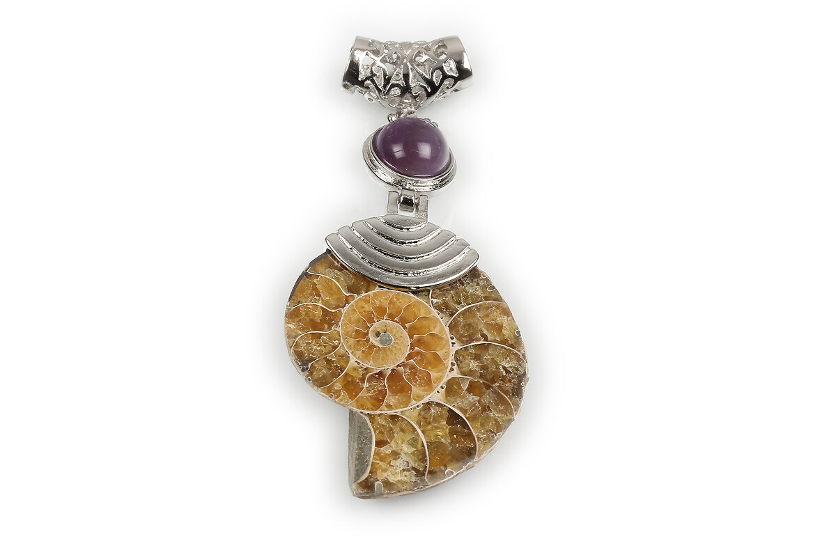 Pandantiv melc fosil si ametist cu agatatoare argintiu inchis 69x30mm