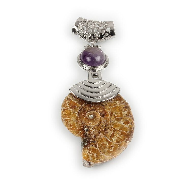 Pandantiv melc fosil si ametist cu agatatoare argintiu inchis 67x28mm