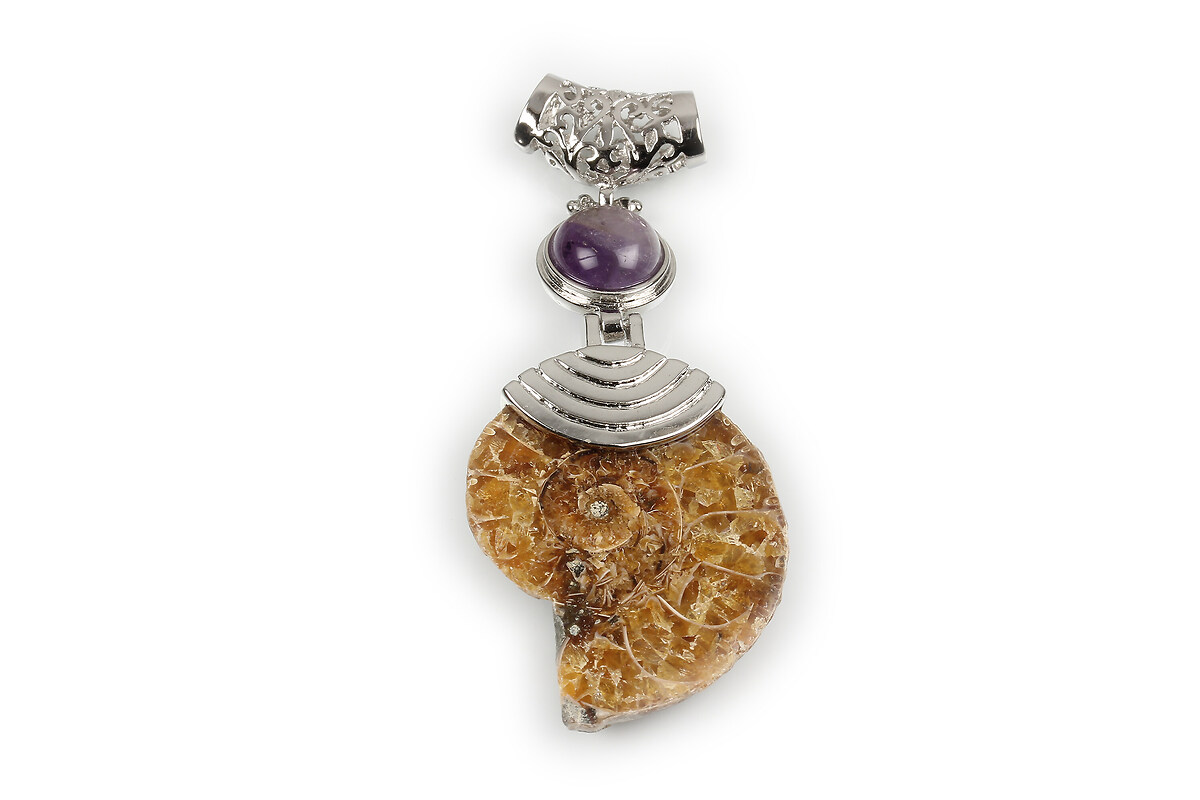 Pandantiv melc fosil si ametist cu agatatoare argintiu inchis 67x28mm