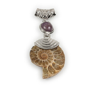 Pandantiv melc fosil si ametist cu agatatoare argintiu inchis 65x28mm