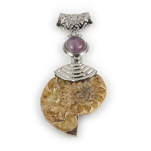 Pandantiv melc fosil si ametist cu agatatoare argintiu inchis 70x30mm