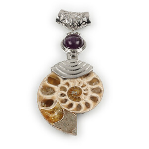 Pandantiv melc fosil si ametist cu agatatoare argintiu inchis 64x32mm