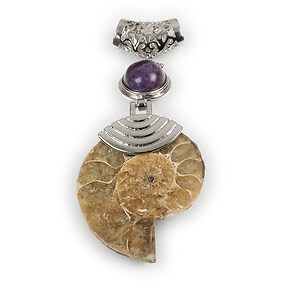 Pandantiv melc fosil si ametist cu agatatoare argintiu inchis 67x30mm