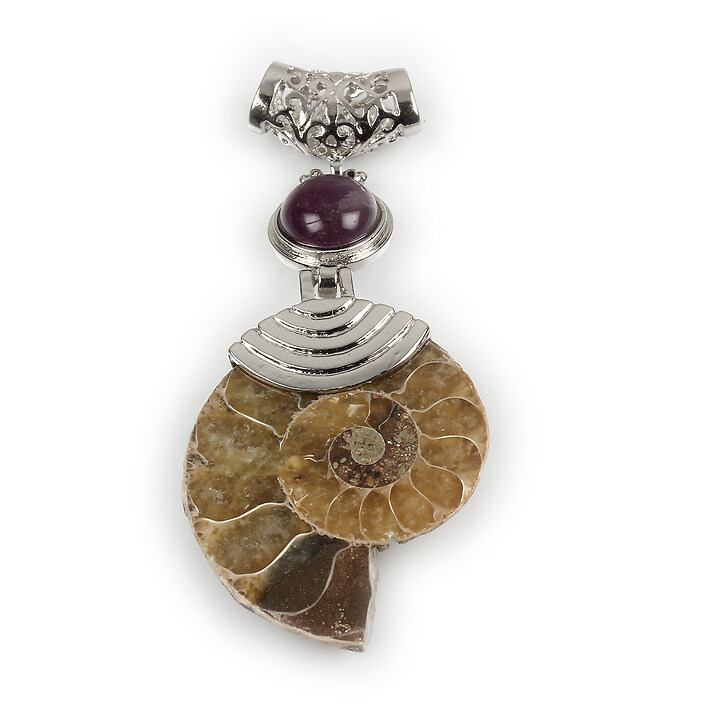 Pandantiv melc fosil si ametist cu agatatoare argintiu inchis 70x30mm