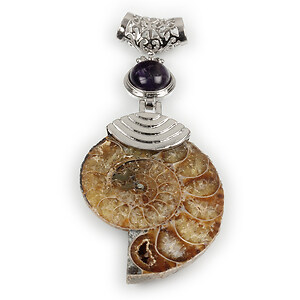 Pandantiv melc fosil si ametist cu agatatoare argintiu inchis 77x34mm