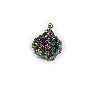 Pandantiv druzy agata naturala neagra cu efect curcubeu si agatatoare argintiu inchis 36x26mm