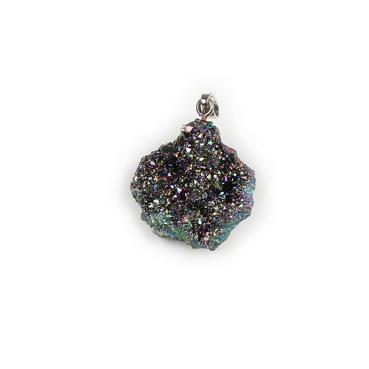 Pandantiv druzy agata naturala neagra cu efect curcubeu si agatatoare argintiu inchis 36x26mm