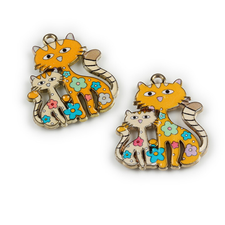 Charm mini pandantiv auriu emailat pisici 25x21mm - galben