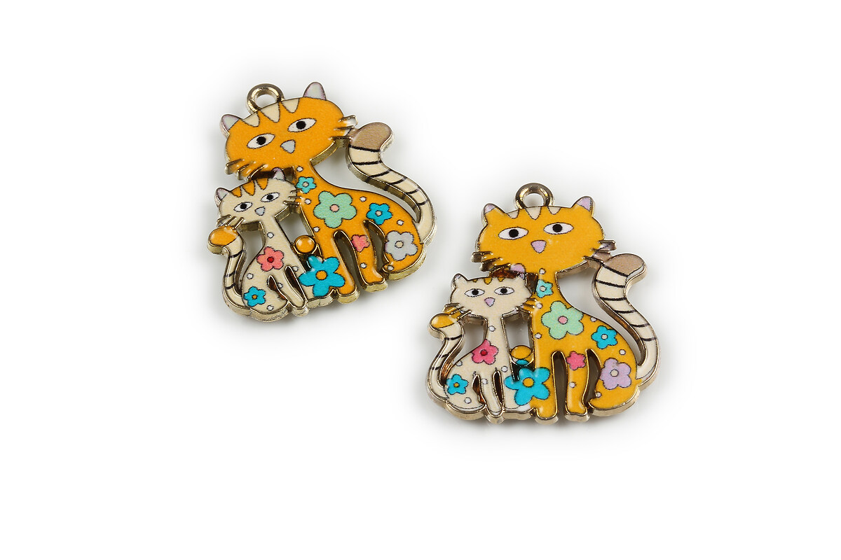 Charm mini pandantiv auriu emailat pisici 25x21mm - galben
