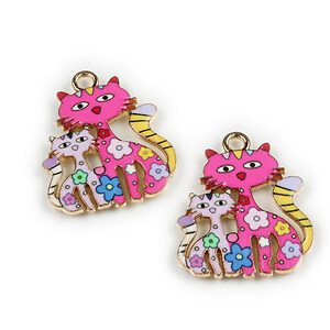 Charm mini pandantiv auriu emailat pisici 25x21mm - roz