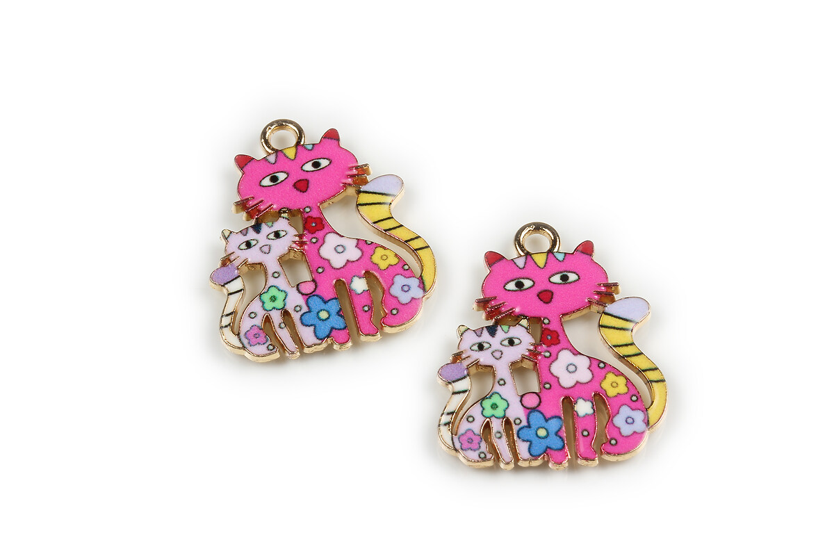 Charm mini pandantiv auriu emailat pisici 25x21mm - roz