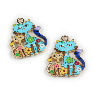Charm mini pandantiv auriu emailat pisici 25x21mm - bleu