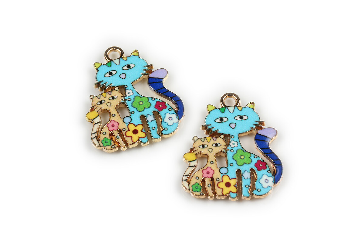 Charm mini pandantiv auriu emailat pisici 25x21mm - bleu