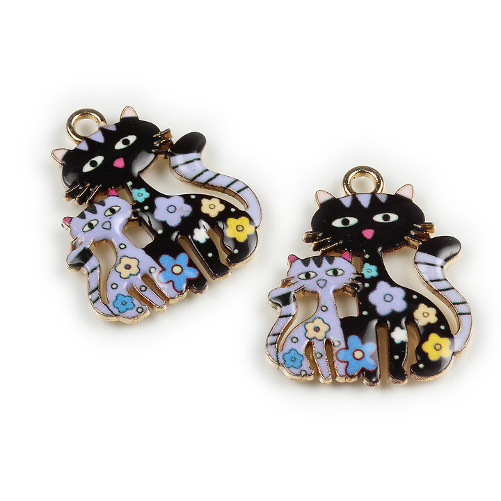 Charm mini pandantiv auriu emailat pisici 25x21mm - negru