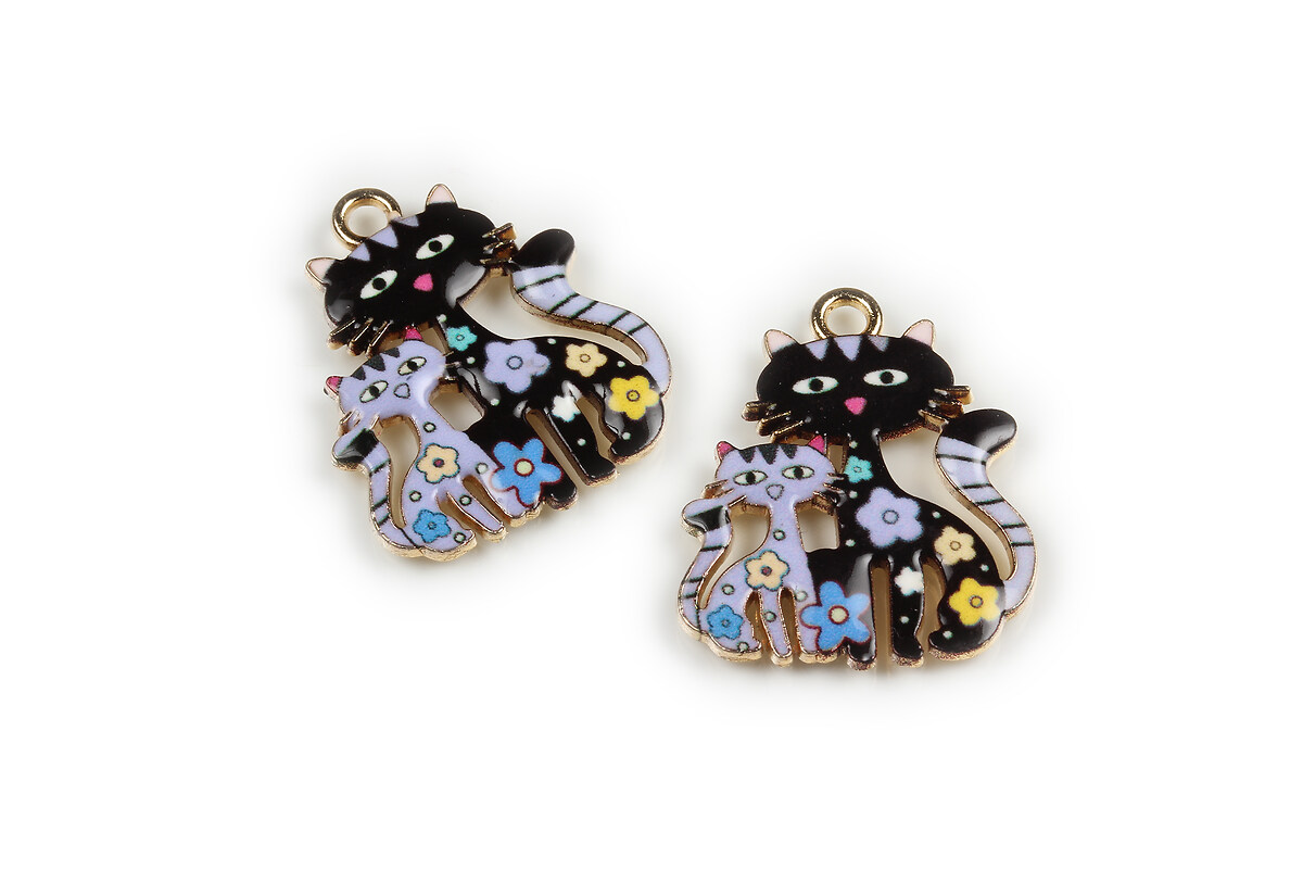 Charm mini pandantiv auriu emailat pisici 25x21mm - negru