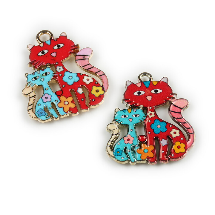 Charm mini pandantiv auriu emailat pisici 25x21mm - rosu