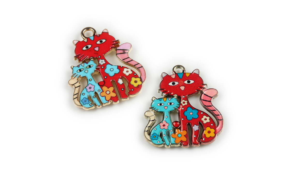 Charm mini pandantiv auriu emailat pisici 25x21mm - rosu
