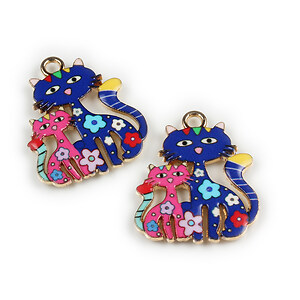 Charm mini pandantiv auriu emailat pisici 25x21mm - albastru