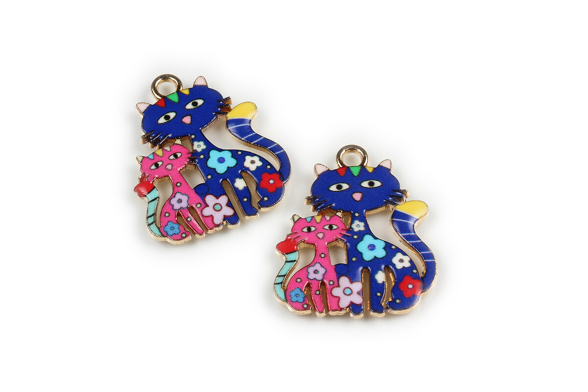 Charm mini pandantiv auriu emailat pisici 25x21mm - albastru