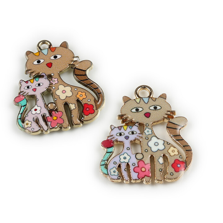 Charm mini pandantiv auriu emailat pisici 25x21mm - bej