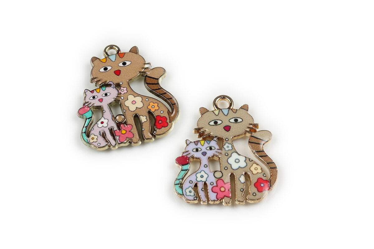 Charm mini pandantiv auriu emailat pisici 25x21mm - bej