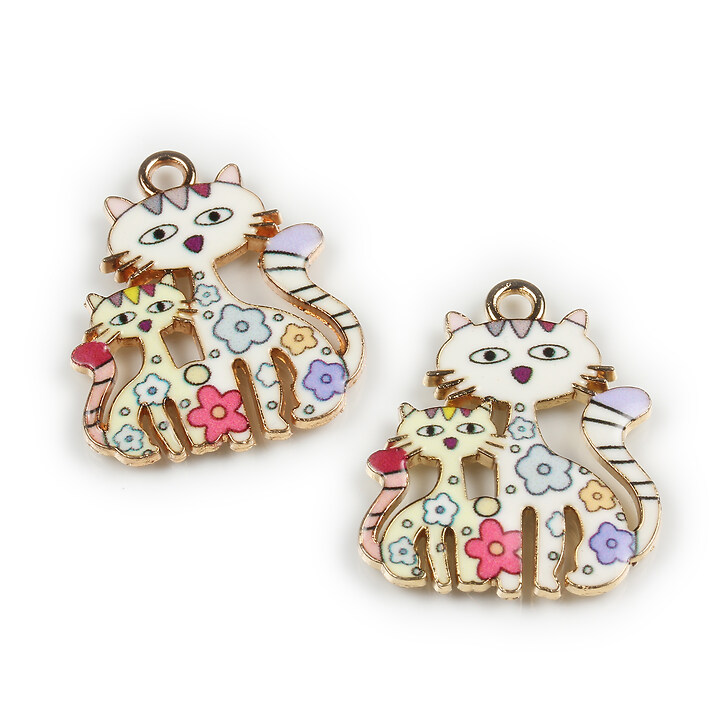 Charm mini pandantiv auriu emailat pisici 25x21mm - alb