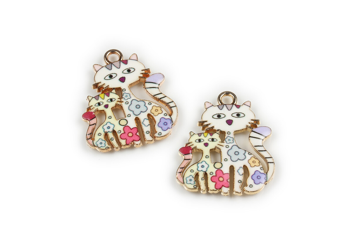 Charm mini pandantiv auriu emailat pisici 25x21mm - alb