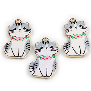 Charm mini pandantiv auriu emailat pisica 25x17mm - gri