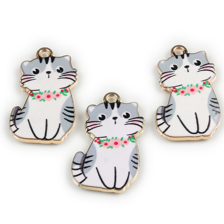 Charm mini pandantiv auriu emailat pisica 25x17mm - gri