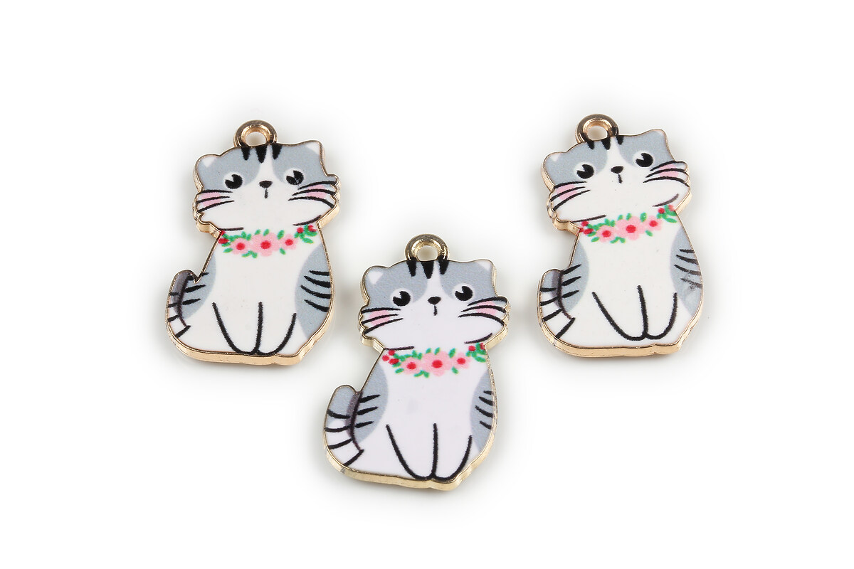 Charm mini pandantiv auriu emailat pisica 25x17mm - gri
