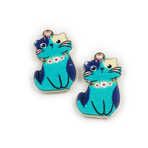 Charm mini pandantiv auriu emailat pisica 25x17mm - albastru