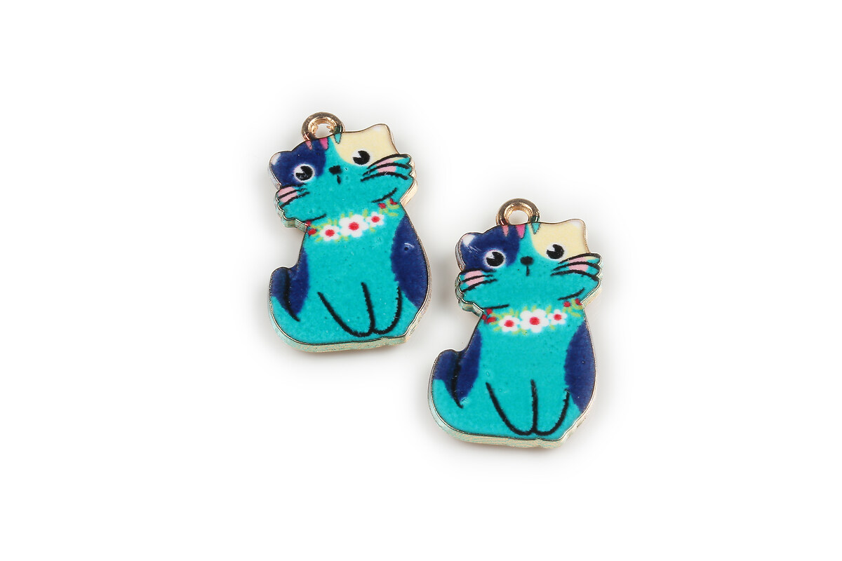 Charm mini pandantiv auriu emailat pisica 25x17mm - albastru