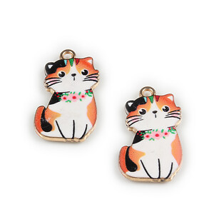 Charm mini pandantiv auriu emailat pisica 25x17mm - portocaliu