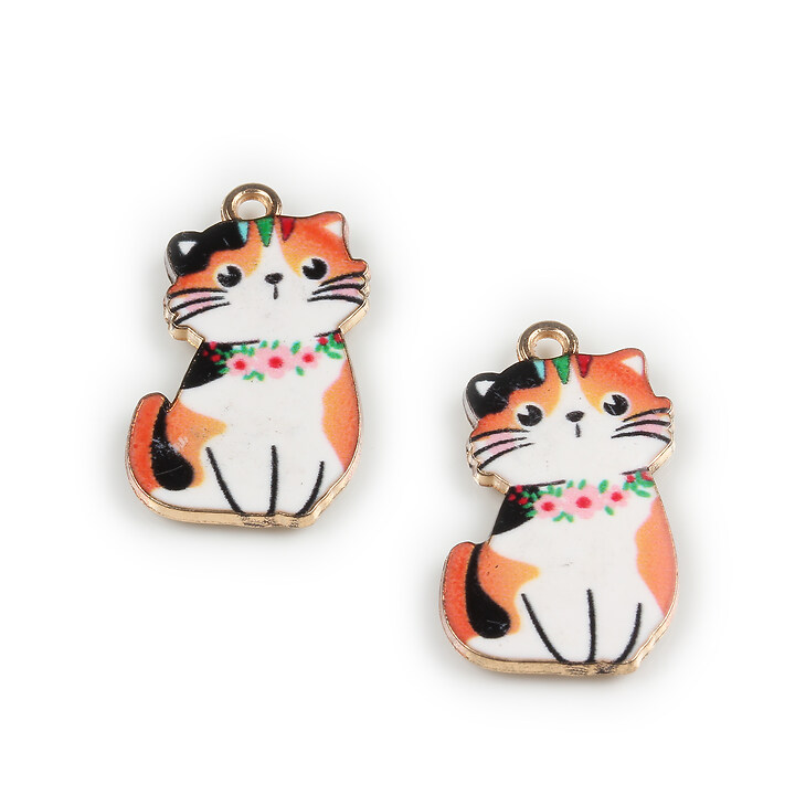 Charm mini pandantiv auriu emailat pisica 25x17mm - portocaliu