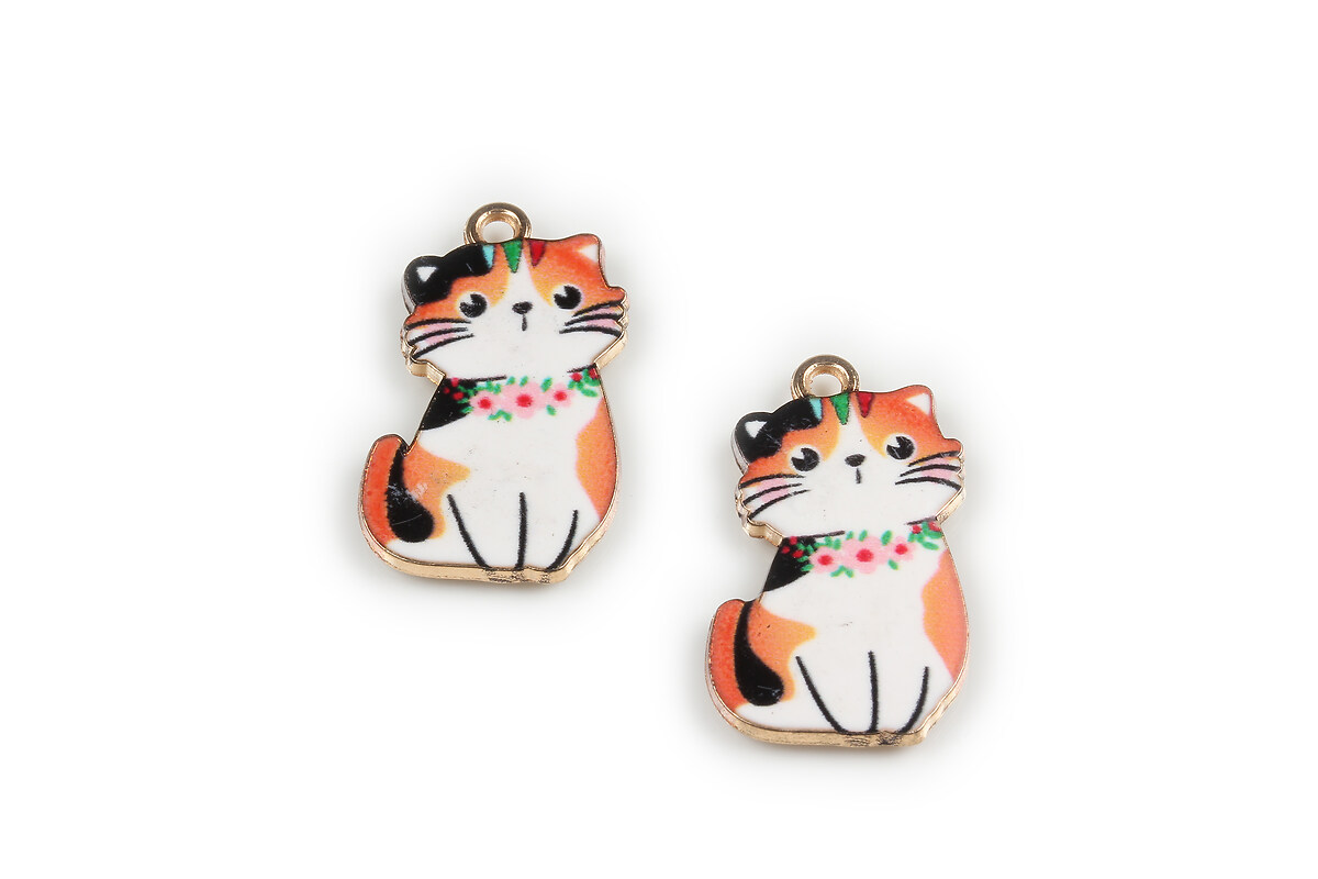 Charm mini pandantiv auriu emailat pisica 25x17mm - portocaliu