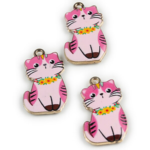 Charm mini pandantiv auriu emailat pisica 25x17mm - roz