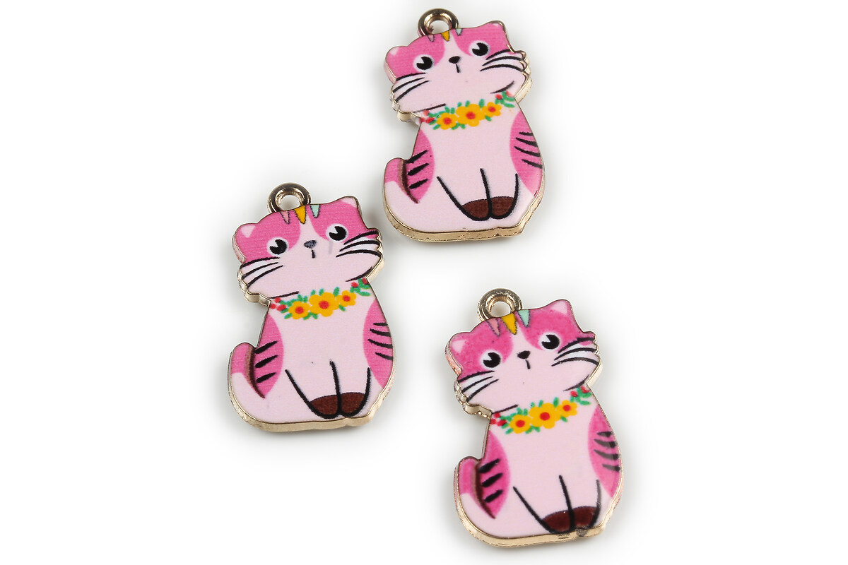 Charm mini pandantiv auriu emailat pisica 25x17mm - roz