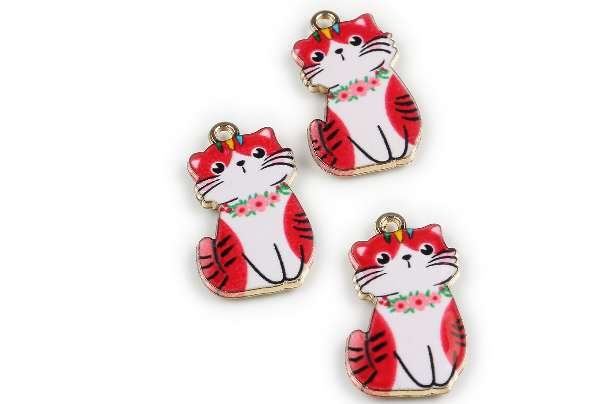 Charm mini pandantiv auriu emailat pisica 25x17mm - rosu