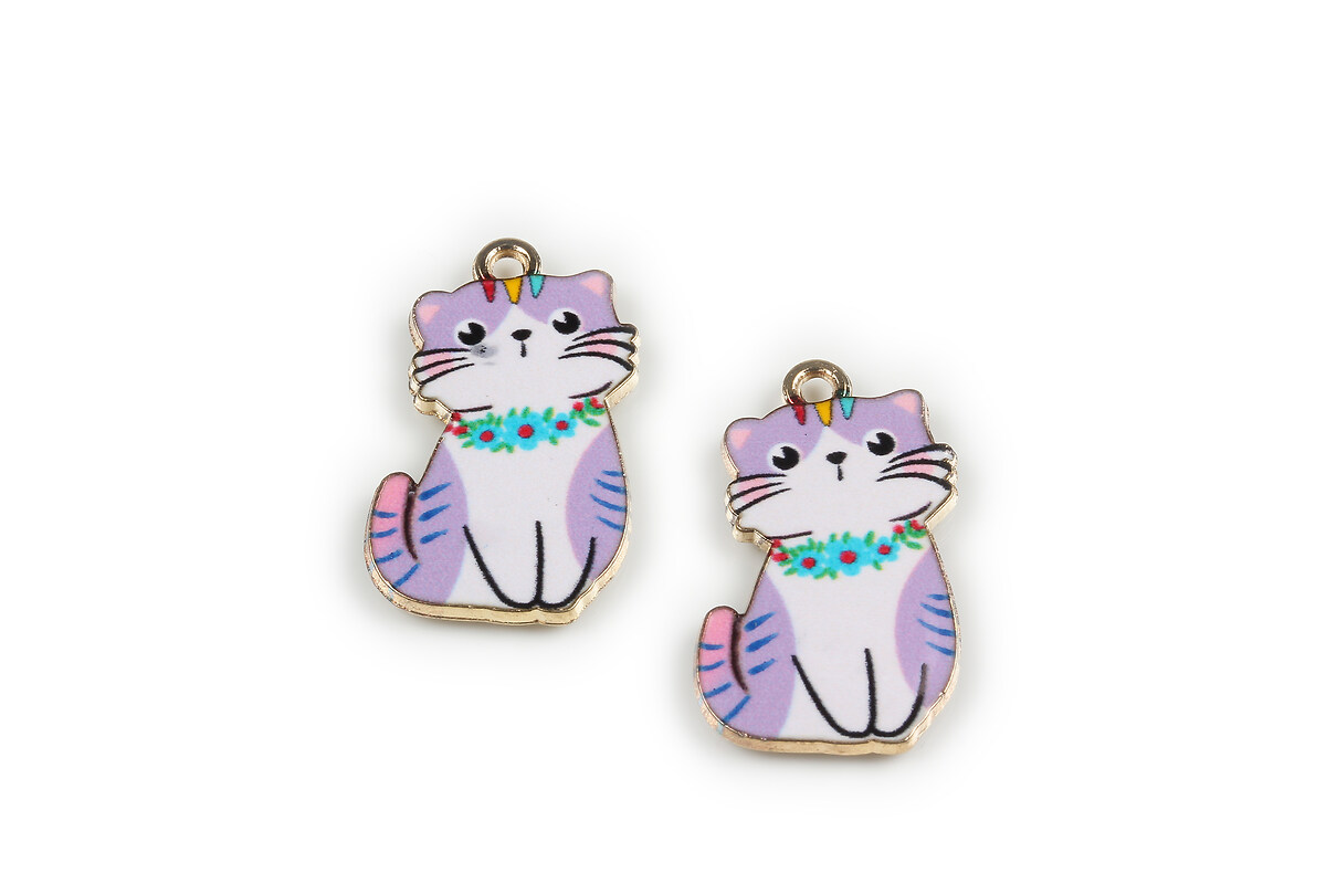 Charm mini pandantiv auriu emailat pisica 25x17mm - mov