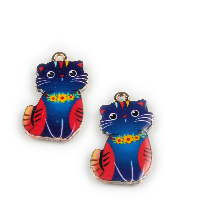 Charm mini pandantiv auriu emailat pisica 25x17mm - albastru inchis