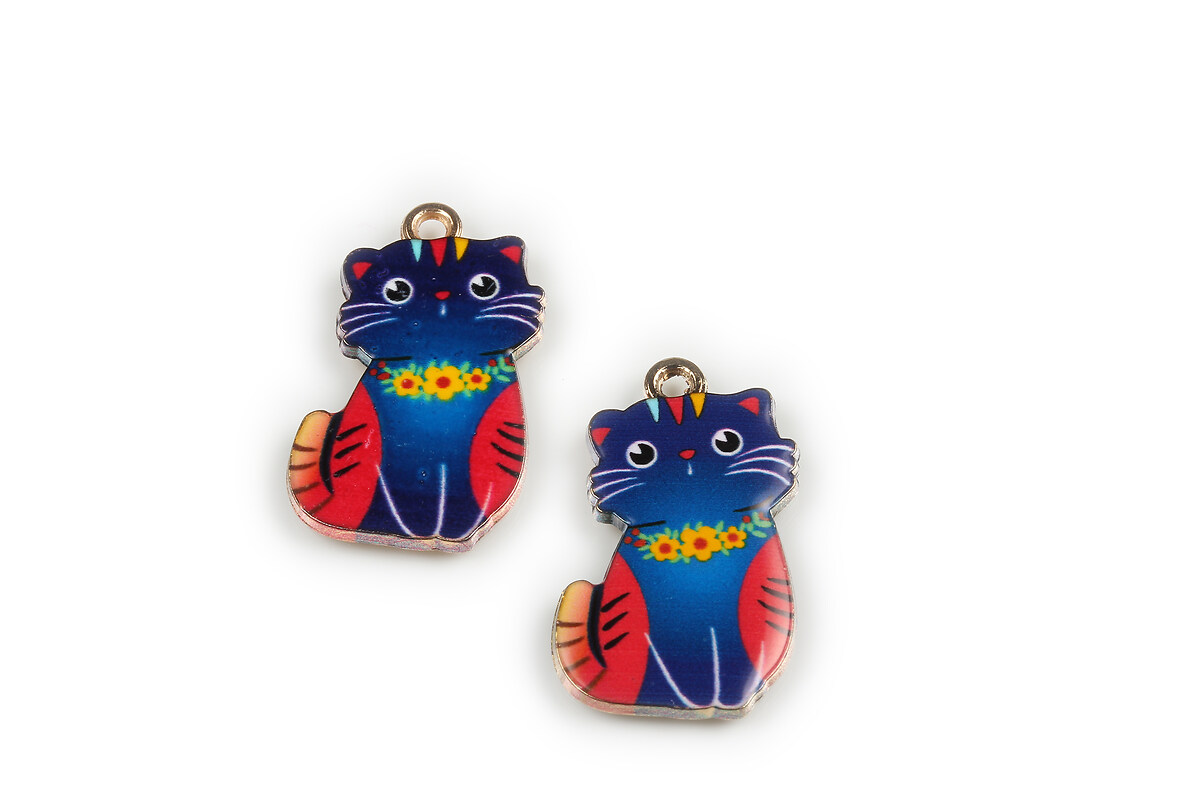 Charm mini pandantiv auriu emailat pisica 25x17mm - albastru inchis