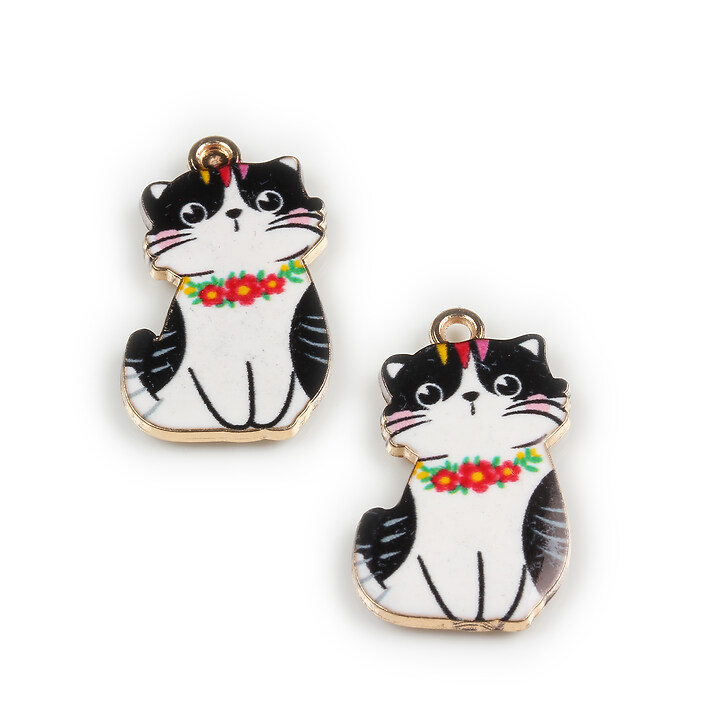 Charm mini pandantiv auriu emailat pisica 25x17mm - alb negru
