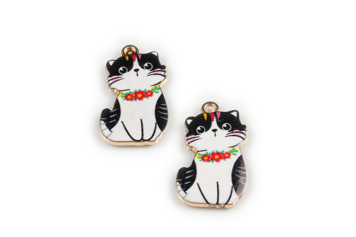 Charm mini pandantiv auriu emailat pisica 25x17mm - alb negru