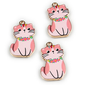 Charm mini pandantiv auriu emailat pisica 25x17mm - roz somon