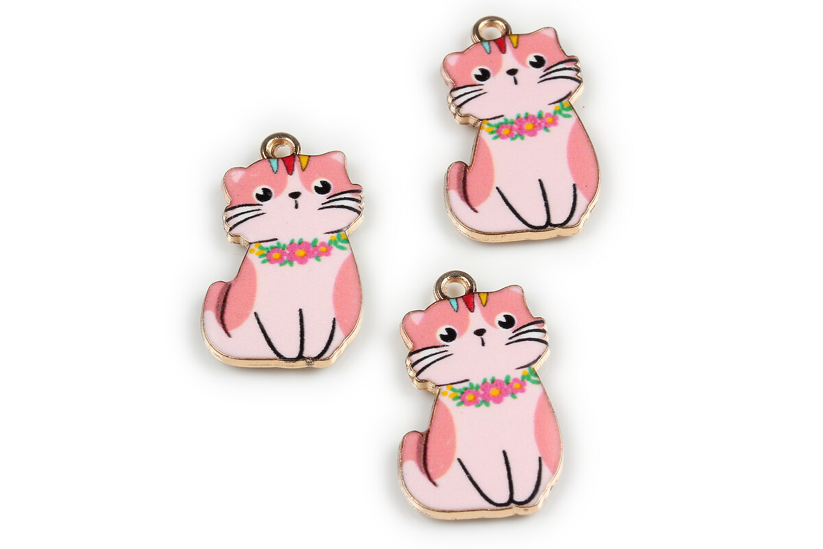 Charm mini pandantiv auriu emailat pisica 25x17mm - roz somon