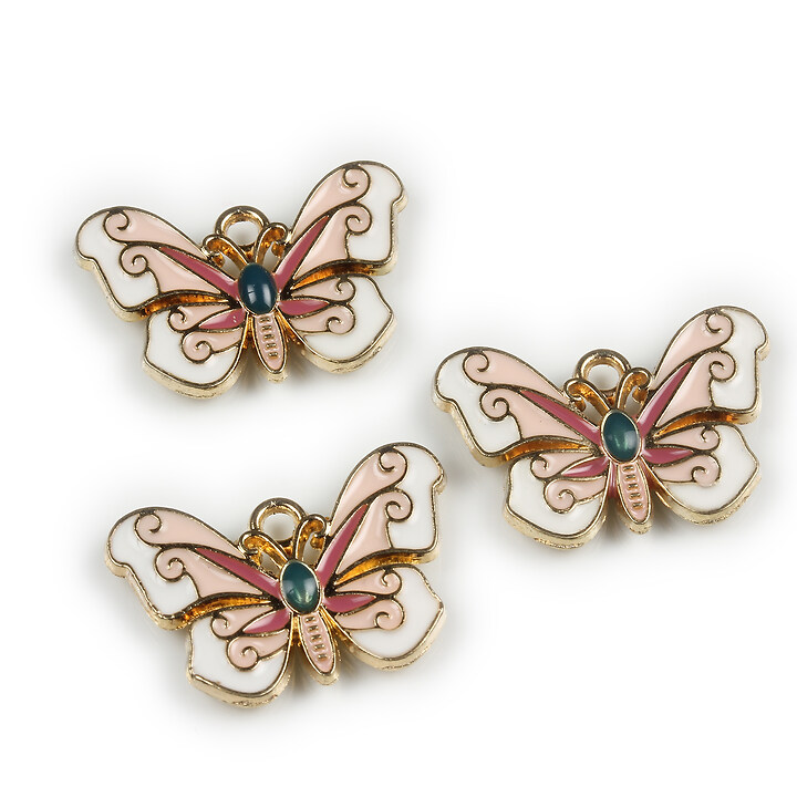 Charm mini pandantiv auriu emailat fluture 15x22mm - alb roz prafuit