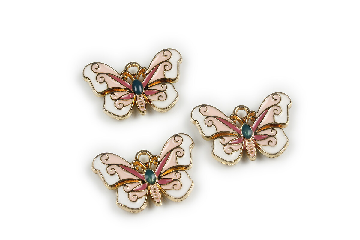 Charm mini pandantiv auriu emailat fluture 15x22mm - alb roz prafuit