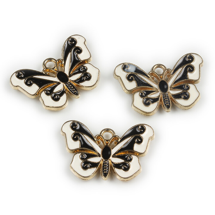 Charm mini pandantiv auriu emailat fluture 15x22mm - alb negru