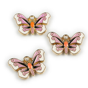 Charm mini pandantiv auriu emailat fluture 15x22mm - alb roz