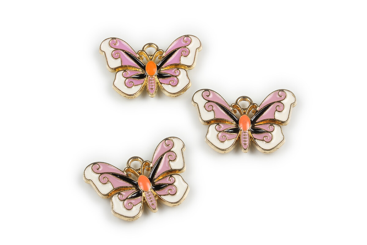 Charm mini pandantiv auriu emailat fluture 15x22mm - alb roz